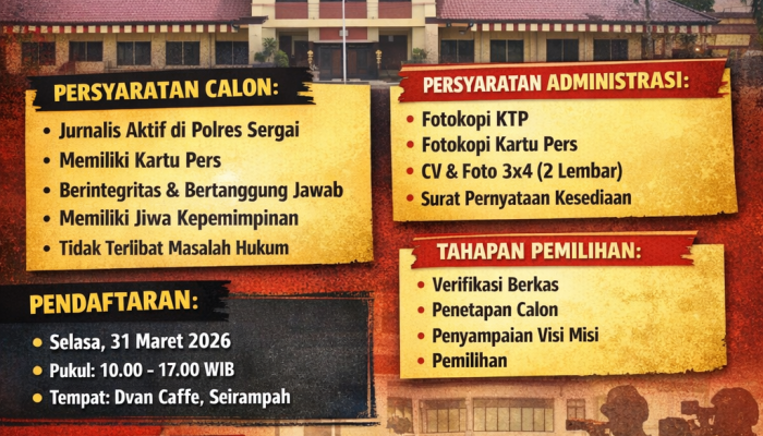 Pendaftaran Calon Ketua Jurnalis Unit Polres Sergai Periode 2026–2029 Dibuka
